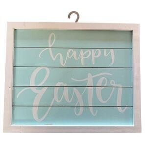 "Happy Easter" Pastel Farmhouse Framed Wall Sign – Aqua Shiplap Spring Decor